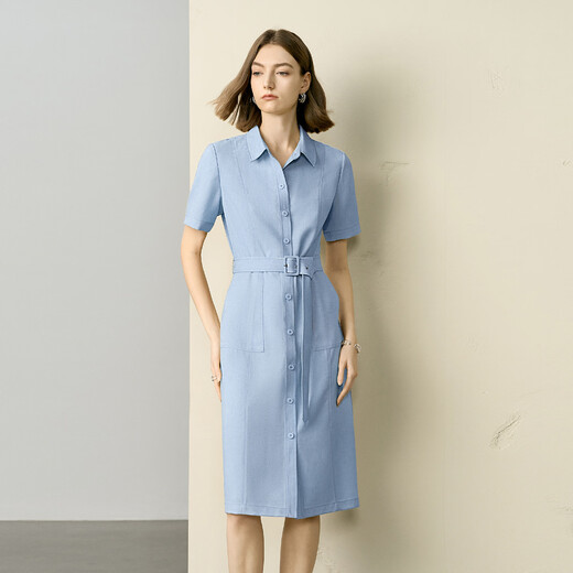 颜域衬衫领工装连衣裙女夏装2025新款纯色通勤职业系带收腰中长裙 浅蓝 XL