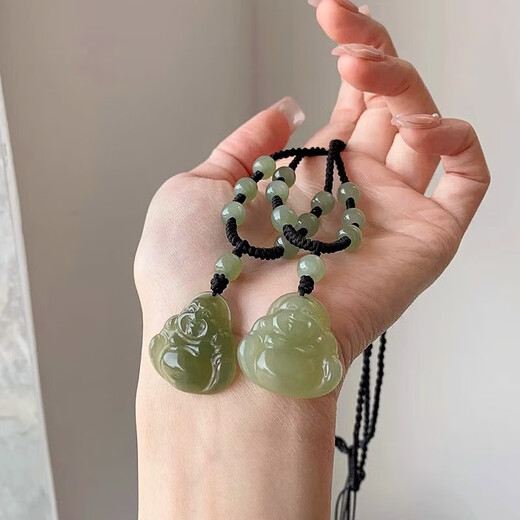 Jiuhuashan Hotan Jade Necklace Female Jade Buddha Pendant Big Belly Buddha Maitreya Buddha Jade Birthday Gift for Ladies and Girls High-end Hotan Jade Buddha Necklace - Gift Box + Certificate Small Size + Expired