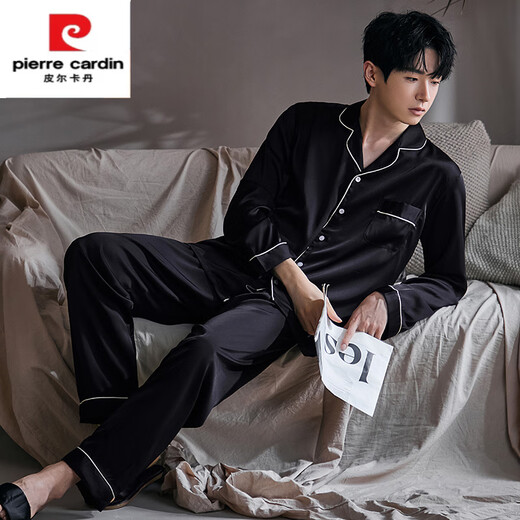 皮尔卡丹男款春秋冰丝绸长袖衬衫睡衣套装2025新款高级家居服透气亲肤套装 6621菱格男款 L (100-125斤)