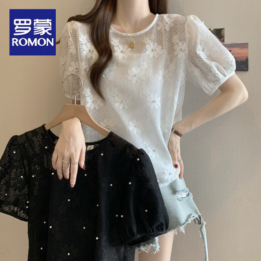 罗蒙（ROMON）2025新款女装别致钉珠蕾丝勾花镂空罩衫短袖打底吊带两件套上衣 白色 M 【80-100斤】