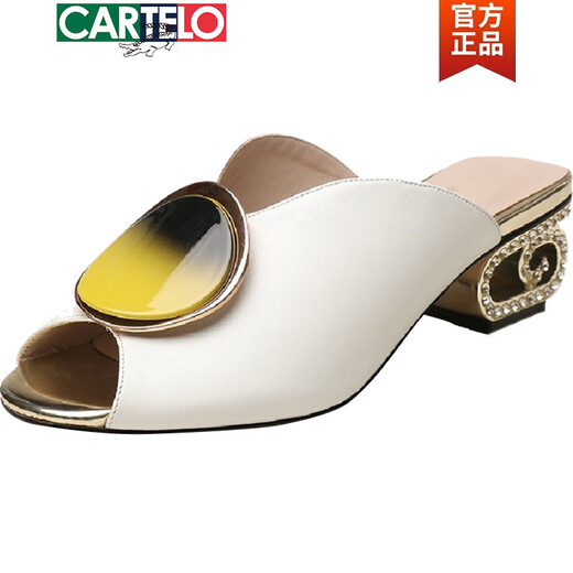 卡帝乐鳄鱼（CARTELO）真皮2025新款粗跟鱼嘴凉拖鞋女露趾半拖鞋外穿中跟一字拖女鞋 白色 35