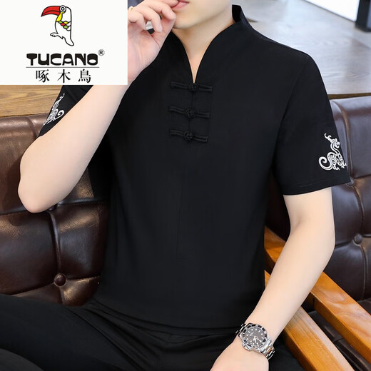 啄木鸟（TUCANO）冰丝t恤男士短袖2025新款男装中国风V领半袖夏季薄款中式盘扣体恤 E9871黑色 (冰丝滑料) L