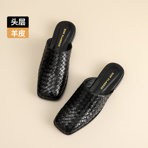 ZHR top layer sheepskin slippers for women in summer retro muller style semi-drag women's outer wear commuter women's shoes S677 noble black 34