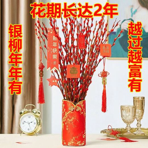 Red Lucky Silver Willow, Dried Flowers, Real Flowers, Fresh Branches, Cold-resistant New Year's Eve Flowers, Hydroponic Flowers, Indoor Decorative Flowers, 60cm, 30 Count, Free Lanterns