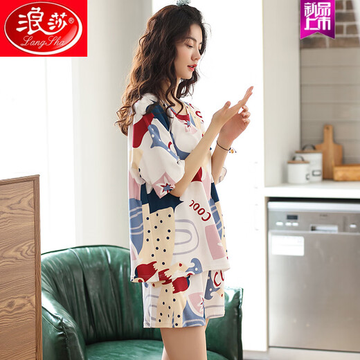 Langsha 2025 Nouveau pyjamas en coton pur pour les femmes en été, des rayures à manches courtes peuvent être portées à l'extérieur. 9855 (ensemble) M recommandé 80-100jin [Jin est égal à 0,5 kg]