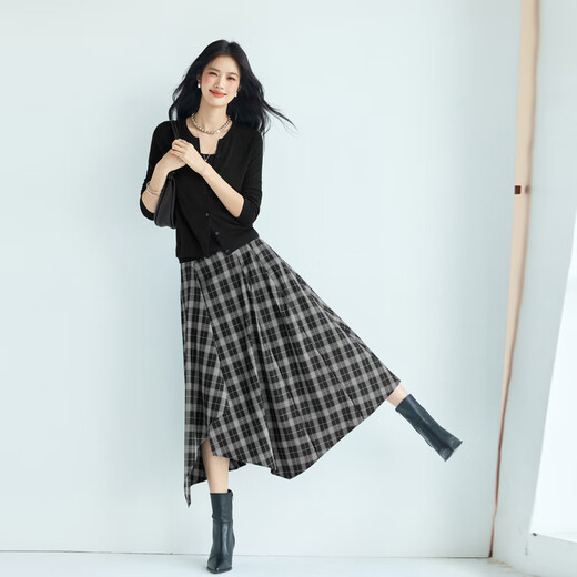 Eveli (eifini) Jiang Xin endorses irregular plaid design A-line skirt 2025 autumn new commuter casual skirt black M 100-110Jin Jin equals 0.5 kg