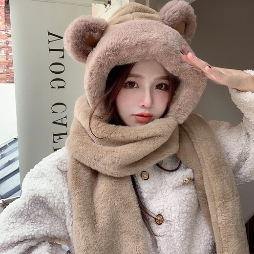 Meman Bear Hat Scarf for Women Christmas Antlers Autumn and Winter Women Warm Scarf for Women Hooded Hat Cute Plush Scarf White Bear Hat Three-piece Set
