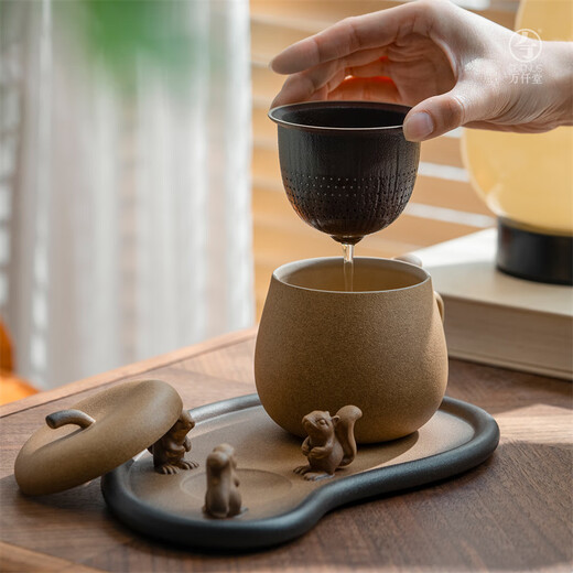 Wanqiantang (Edenus) high-end ceramic office cup, men's and women's coffee cup, personal household tea cup, water cup with tea tray, a chestnut, burnt tea glaze (1 cup, 1 drain, 1 plate)
