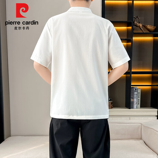 皮尔卡丹（pierre cardin）中国风短袖T恤套装男假两件国潮盘扣绣花棉麻两件一套新中式立领t 9885白色【上衣+裤子】 长袖款 M 110斤内