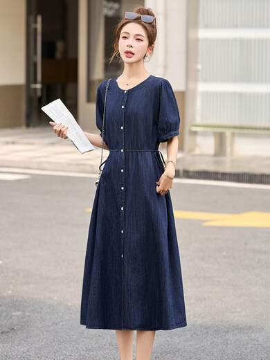 TJQ奢侈高档品牌牛仔连衣裙女2025夏季新款休闲百搭中长款气质减龄裙 图片色 S 建议105斤以内