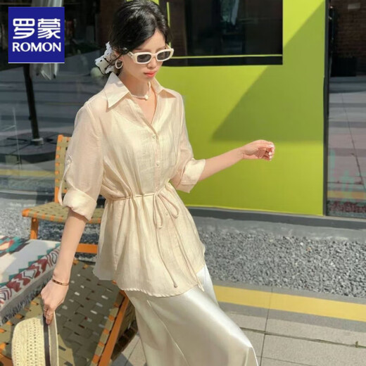罗蒙绸缎连衣裙两件套女欧洲站2025春夏新款遮肚显瘦天丝收腰衬衫吊带 冰川蓝 套装 M 建议80-110斤