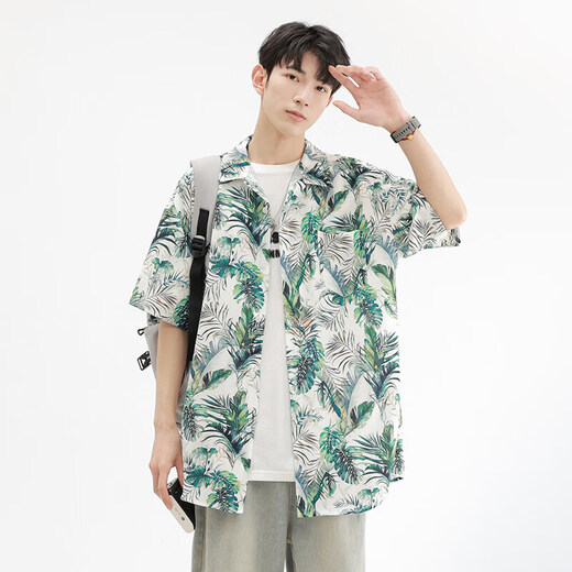 Kurashi Ichiki 2025 summer loose and comfortable ice silk cool short-sleeved shirt men's Hawaiian beach flower shirt jacket 6629 Madagascar black L