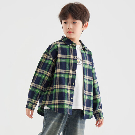 Duojia boys' shirts in spring and autumn children's casual retro lapel tops for older children handsome long-sleeved plaid shirts