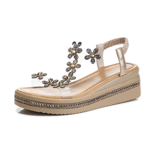 Belle-Tread Series Brand Broken Code Belle Ni Shan Sandales à semelles plates en cuir authentique pour l'été 2024 à talons moyens Golden Golden [Hauteur du talon 5,5 cm] 38