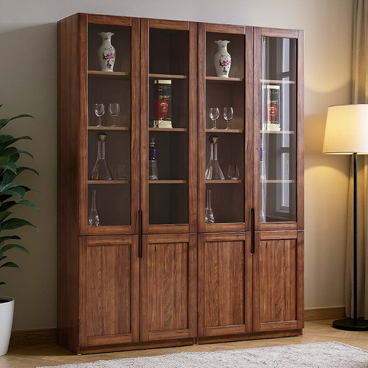 Yuanlin beam solid wood bookcase study room with glass door bookshelf wall storage rack walnut storage cabinet new Chinese display cabinet 120-33-200cm walnut bookcase
