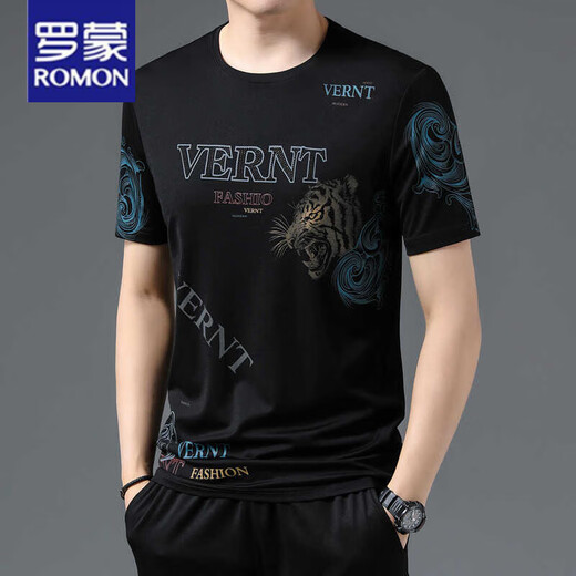 Romon Summer New Ice Seide Kurzärärmelte T-Shirt für junge und mittlere Männer runden Halsabdruck trendy dünner Top Casual halbärmelige Hemd Weiß 733 M 165 [Empfohlen 100-120 Jin [Jin ist gleich 0,5 kg]]