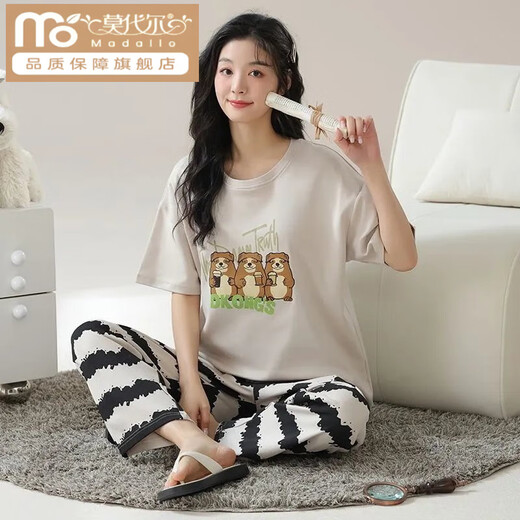 莫代尔棉质睡衣女短袖长裤夏季韩版女士圆领套装薄款棉质外穿家居服 RN9713#短袖长裤 棉质 M (80-100斤)