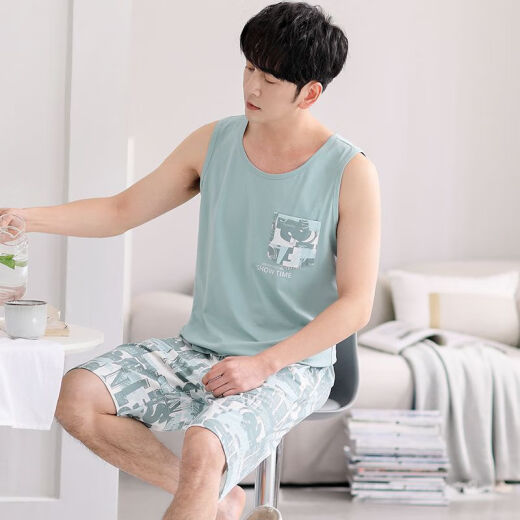 雅鹿睡衣男夏季莫代尔背心短裤家居服夏天薄款无袖男生可外穿套装 M1047灰兰 M 【建议100-120斤】