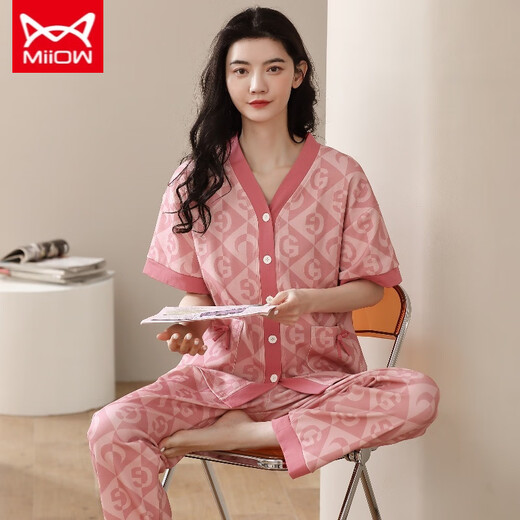 
Catman MIIOW pajamas for women in spring and summer short-sleeved trousers cardigan Korean style cute V-neck summer home clothes full cotton set YSH-9734# cardigan L size 100-120Jin [Jin equals 0.5 kg]