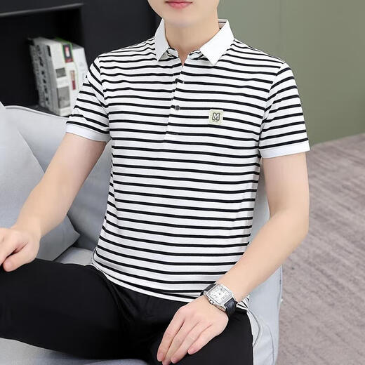森马（Semir）商场同款男装夏季条纹男士短袖体恤纯棉休闲百搭polo衫男装中年带 黑白QY753 M [建议100-120斤]