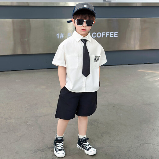 G.DUCKKIDS小黄鸭男童套装夏季学院风儿童西装演出服男孩白衬衫黑裤子两件套 白色衬衫+黑色裤子+领带 130 建议7~8岁【120-130cm】cm