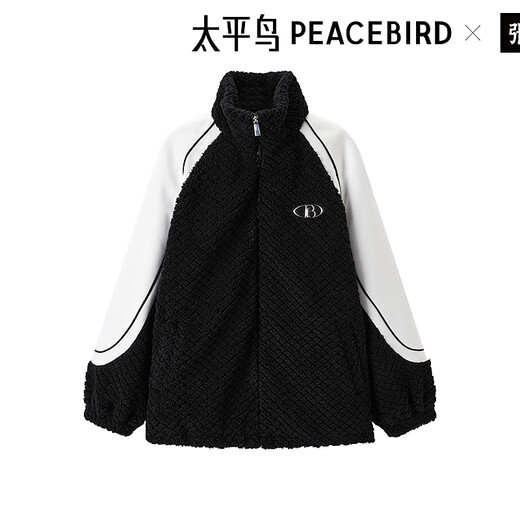 Peacebird women's jacket spring contrasting color imitation lamb fur coat splicing versatile casual loose black S