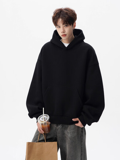 OEMG heavyweight 400G velvet thickened hooded sweatshirt for men in autumn and winter American high street jacket trendy brand loose hoodie black XL recommended 110-130Jin Jin equals 0.5 kg