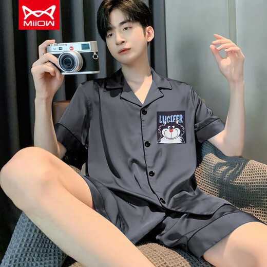 Catman (Miiow) Teenager Herren Pyjamas Sommer Cool Ice Seide Kurzarm Shorts Strickjacke Herren Dünne Lose große Heimkleidung 854# Soft Ice Seide L Männer [Empfohlen 90-120jin [Jin gleich 0,5 kg]]
