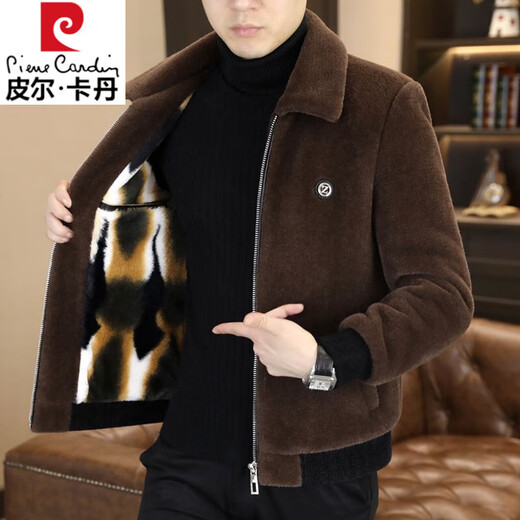 Pierre Cardin 2025 winter gold mink velvet jacket men's new high-end woolen casual plus velvet thick new large size men's jacket ZL-J6691 coffee (plus velvet) thickened XL (130-145Jin Jin equals 0.5 kg)