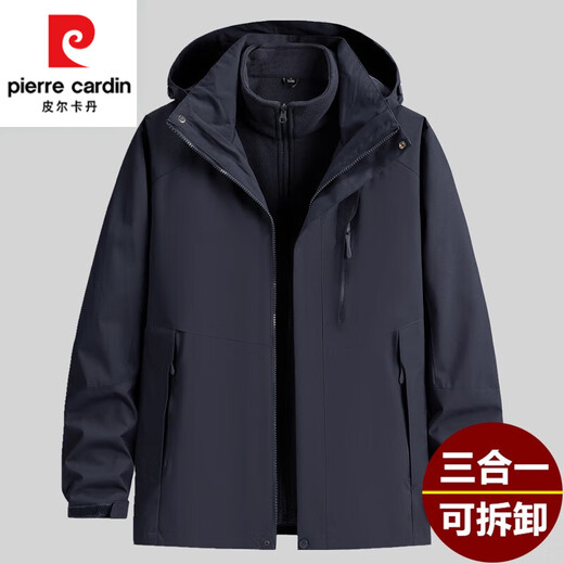 Pierre Cardin 3-in-1 Jacket Men's Removable Liner Autumn and Winter Dad Jacket Large Size Velvet Thickened Jacket Men Navy Blue L