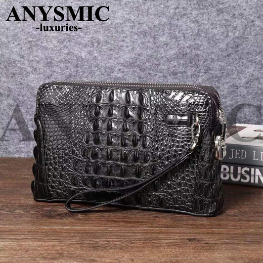 ANYSMIC奢侈高端品牌钱包男士真皮手拿包商务时尚休闲双拉链密码锁鳄鱼皮 黑色 26*6*16