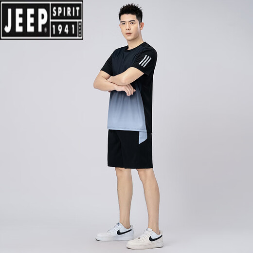 Jeep Spirit Quick Dry Sports Set Herren Badminton Kleidung plus Fett plus großer Sommer Casual Lose Laufen Kurzarm zwei Keule-Blau 9902 L 90-110jin [Jin gleich 0,5 kg]