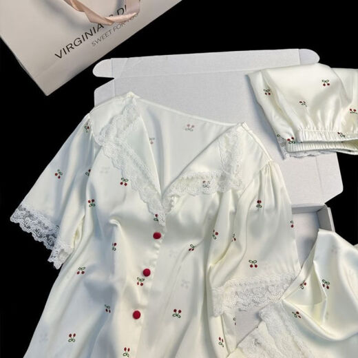 ZIPJBXins Small Cherry Lace-edged Ice Silk Pajamas for Women in Summer Three-Piece Short Sleeve Shorts Pants Home Clothing Thin LW-9207 [Short Sleeve Shorts] M [Suggested 80-100Jin [Jin equals 0.5 kg]]