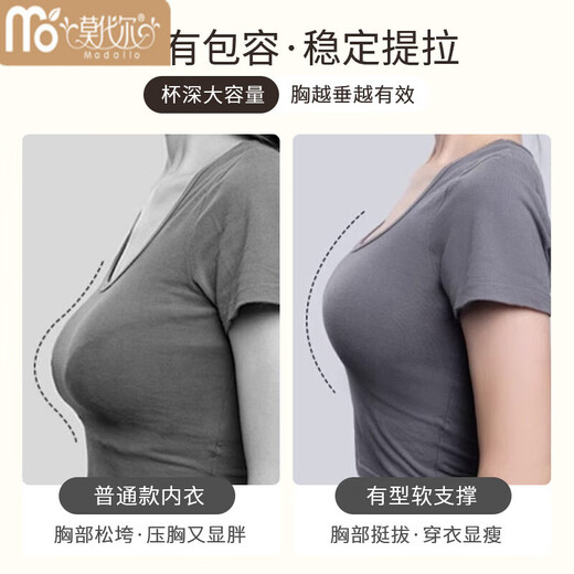 莫代尔内衣女胸大显小薄款无痕调整型提拉防下垂收副乳无钢圈美背文胸罩 灰粉 L 36/80BCD