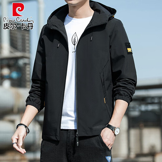 Pierre cardin spring and autumn jacket men's new 2025 hooded jacket thin youth loose jacket solid color jacket men's clothing K12131 black M [recommended 100-110Jin [Jin equals 0.5 kg]]