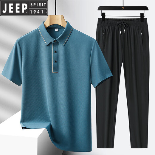 Jeep (JEEP) men's ice silk sports suit summer new lapel t-shirt polo shirt casual short-sleeved middle-aged and elderly dad summer suit 6630-89 Ulan + black straight pants two-piece set M