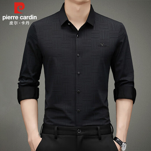 Pierre Cardin long-sleeved shirt men's spring and autumn loose trendy business casual knitted plaid shirt for young and middle-aged people, black 2XL