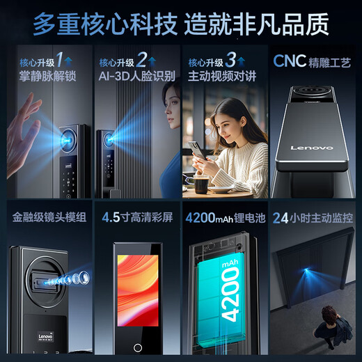 Lenovo R7 serrure de porte intelligente serrure d'empreintes digitales 3D reconnaissance du visage veine de paume serrure intelligente porte d'entrée serrure par mot de passe serrure électronique porte de sécurité à domicile entièrement automatique