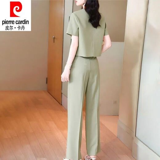 皮尔卡丹（pierre cardin）时尚套装女夏季2025新款洋气显瘦御姐圆领短袖衬衫直筒裤两件套女 12608-黑色套装 L 【建议95-110斤】