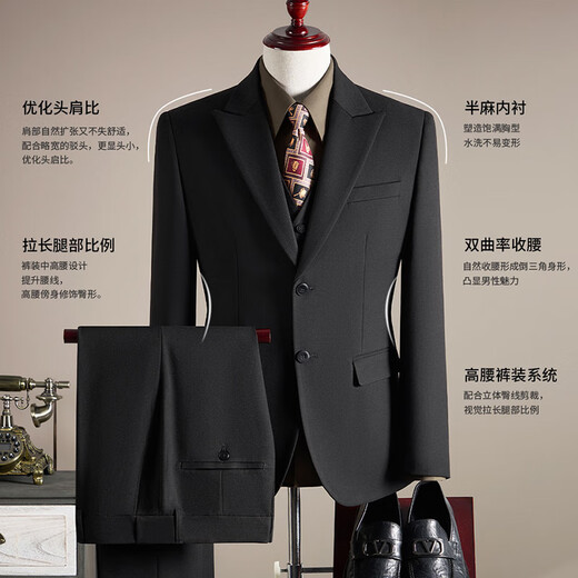 ROMON suit men's business slim suit men's professional formal wear groom wedding dress jacket black 2XL