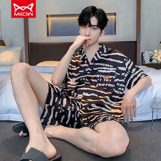 Catman (Miiow) Teenager Herren Pyjamas Sommer Cool Ice Seide Kurzarm Shorts Strickjacke Herren Dünne Lose große Heimkleidung 854# Soft Ice Seide L Männer [Empfohlen 90-120jin [Jin gleich 0,5 kg]]