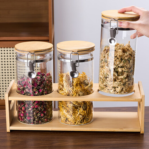 Shiguangli tea cans sealed cans tea storage cans large tea cans household tea packaging storage cans set floral tea cans 4-piece set floral tea cans 1400ml*3 + storage rack