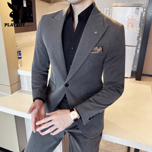 Playboy (PLAYBOY) lapel collar seven-color suit men's suit high-end business casual formal fit groom wedding suit three-piece light brown single-piece suit S (80-95Jin Jin equals 0.5 kg)