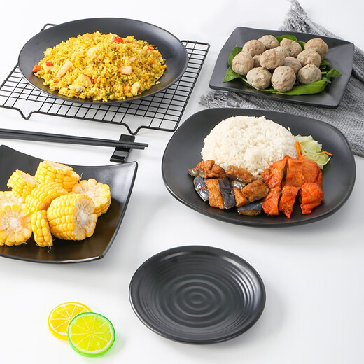 Placa de vajilla de metamina Catering Snack Plate Barbacoa Barbacoa Potes de marihuana caliente Platos fríos Arroz frito Placa negra Placa de plástico LJP1098 Media caja 36 Piezas