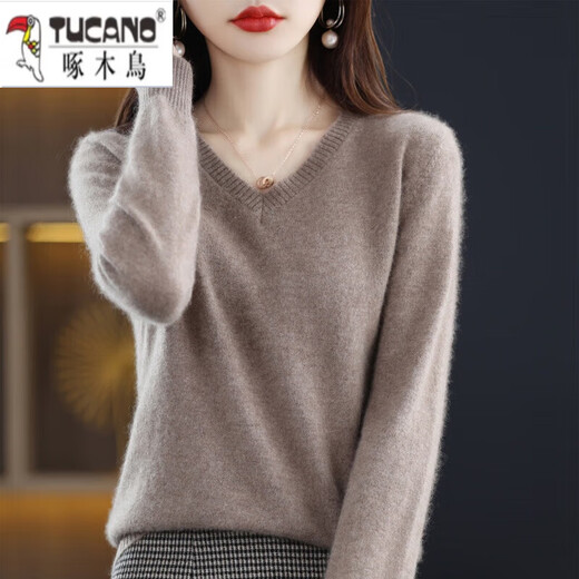 Woodpecker sweater women's pure 2026 spring and autumn new V-neck sweater loose pullover long-sleeved velvet knitted bottoming shirt gray 2XL
