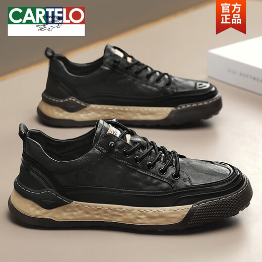 卡帝乐鳄鱼（CARTELO）鞋子男秋天新款低帮皮面透气轻便板鞋男士春秋季休闲运动工装鞋潮 L1392黑色 42