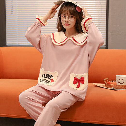 Unmarkierbar und ausgezeichnet L-Pyjamas für Frauen im Herbst und Winter Pure Cotton Niedliche langärmlige Prinzessinstil koreanische Version Set Student Cartoon Sommer Muji Muji Champagner Farbe GXT9922 M (Empfohlen 7595jin [Jin gleich 0,5 kg]))