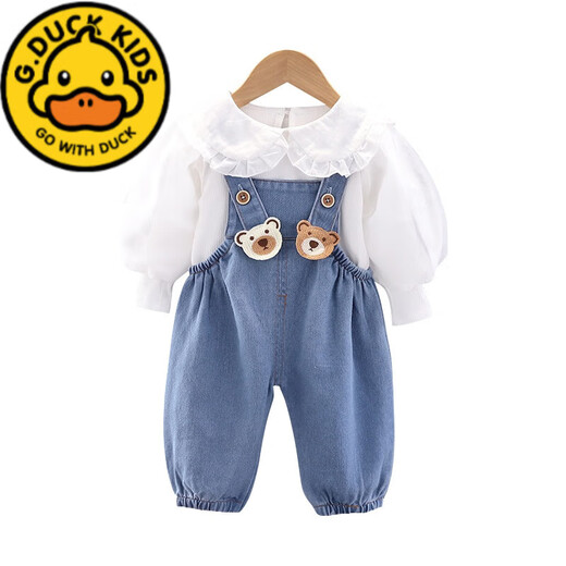 G.DUCKKIDS girls spring denim overalls suit 2024 new style baby clothes 1 to 3 years old baby girl trousers XP denim overalls cover puff sleeve blue 80 recommended age 1-2 years old