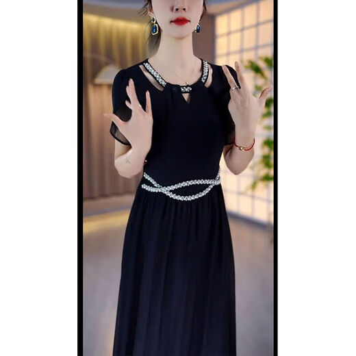 欧倩姗女短袖高端洋气女士高档裙子时尚连衣裙女2025夏季新款收腰遮肚子 13662-黑色 XL 建议110-125斤