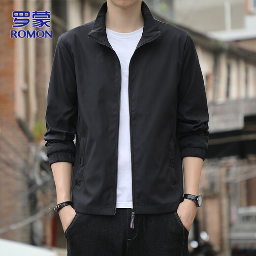 ROMON jacket men's spring and autumn solid color business jacket for young and middle-aged men commuting casual stand-up collar top clothing black XL